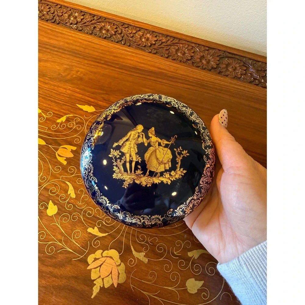 Vintage Limoges Cobalt Blue Gold Trinket Box, French Porcelain 4.5